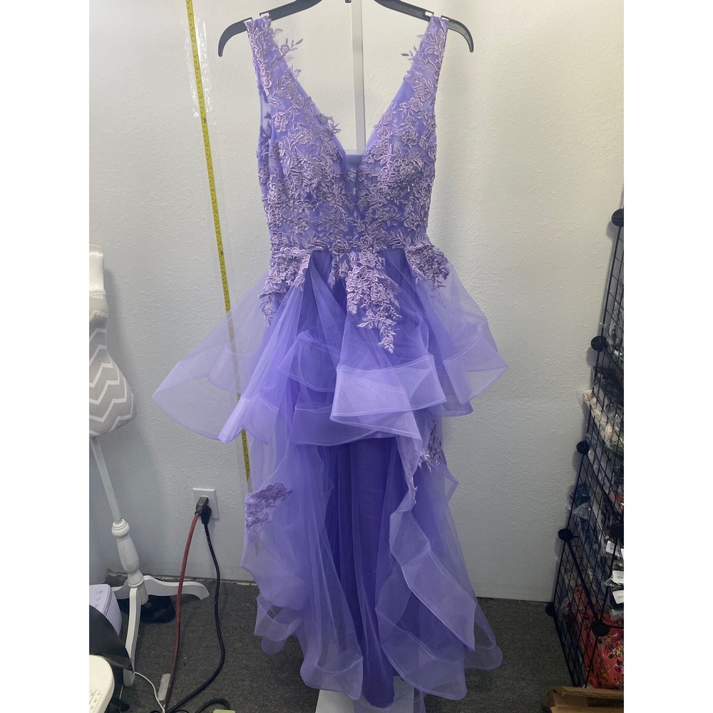 Purple Floral Lace Tulle High Low Wedding Dress Corset Back Ruffle Gown Size 8